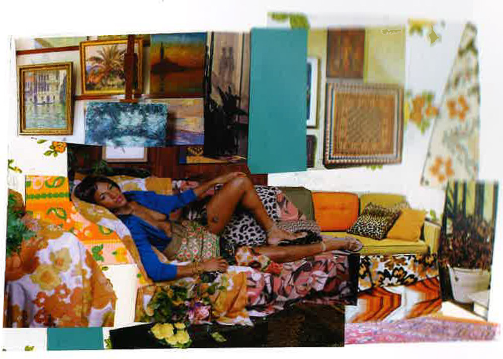 Mickalene Thomas, Tamika sur une chaise longue avec Monet, 2011, Mixed media collage, 7.25x10.5 in, Courtesy of Hedy Fischer and Randy Shull