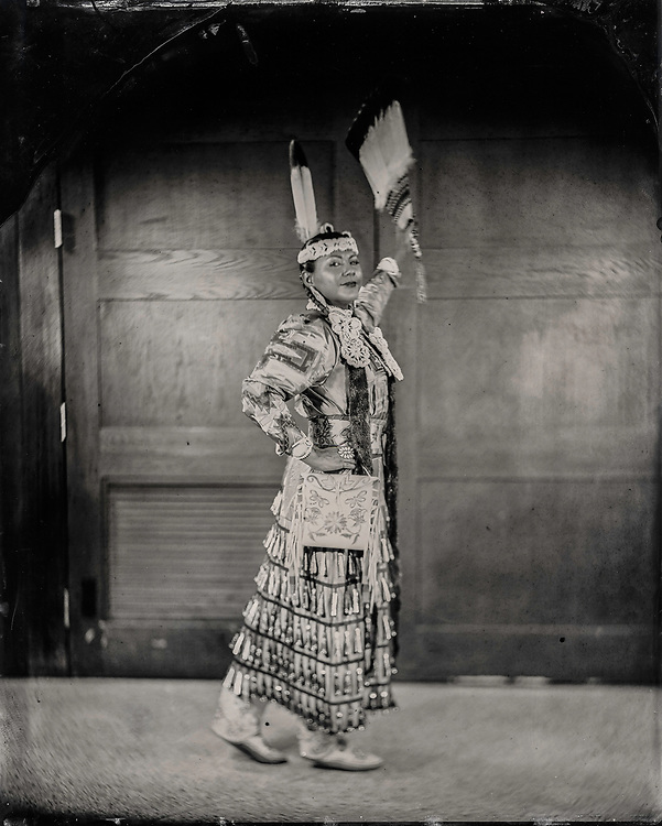Will Wilson, Madrienne Salgado, Jingle Dress Dancer/Government and Public Relations Manager for the Muckleshoot Indian Tribe, Citizen of the Muckleshoot Nation, 2017, printed 2018, Archival pigment print from wet plate collodion scan, 22 x 17 in. Art Bridges.
