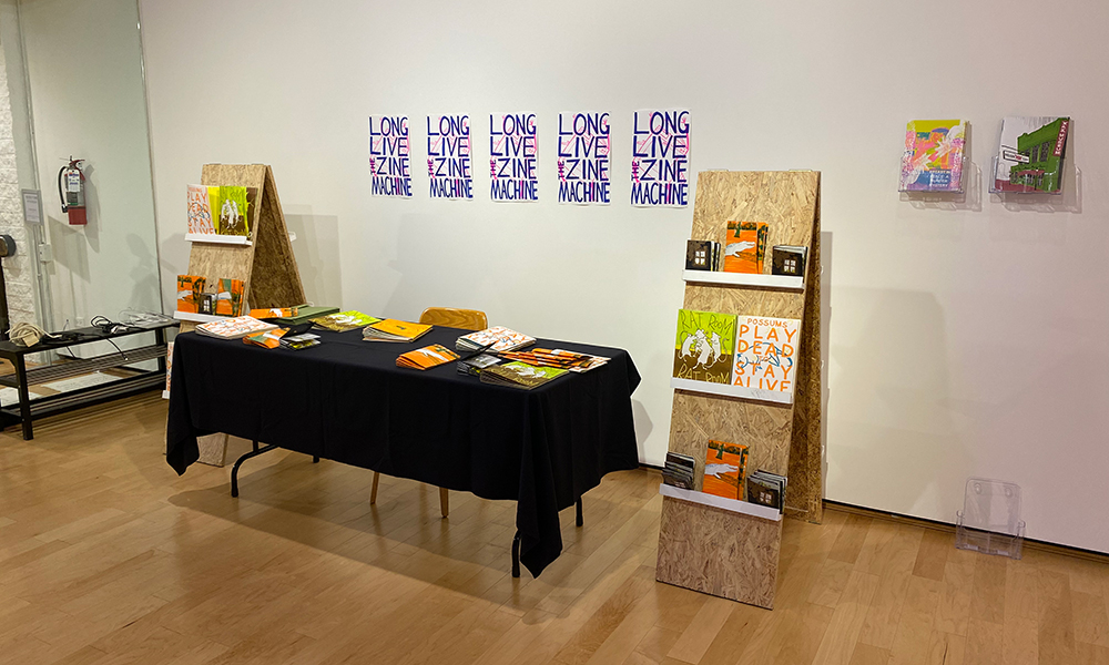 Untitled, risograph printed matter, table, shelves. Dimensions vary.