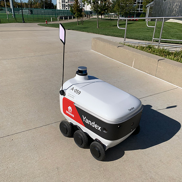 A Yandex delivery robot on the Ohio State campus