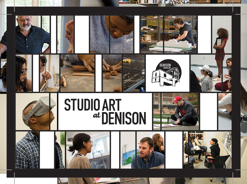 Front of a post card that reads 'Studio Art at Denison' with images of studio art students and professors in the classroom