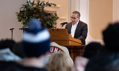 “MLK Day is always an important day at Denison,” President Adam Weinberg tells the audience at Swasey Chapel. “It's the only day — it's the only time — each year that we take a day away from classes as a community to reflect, to learn, and to celebrate together.”