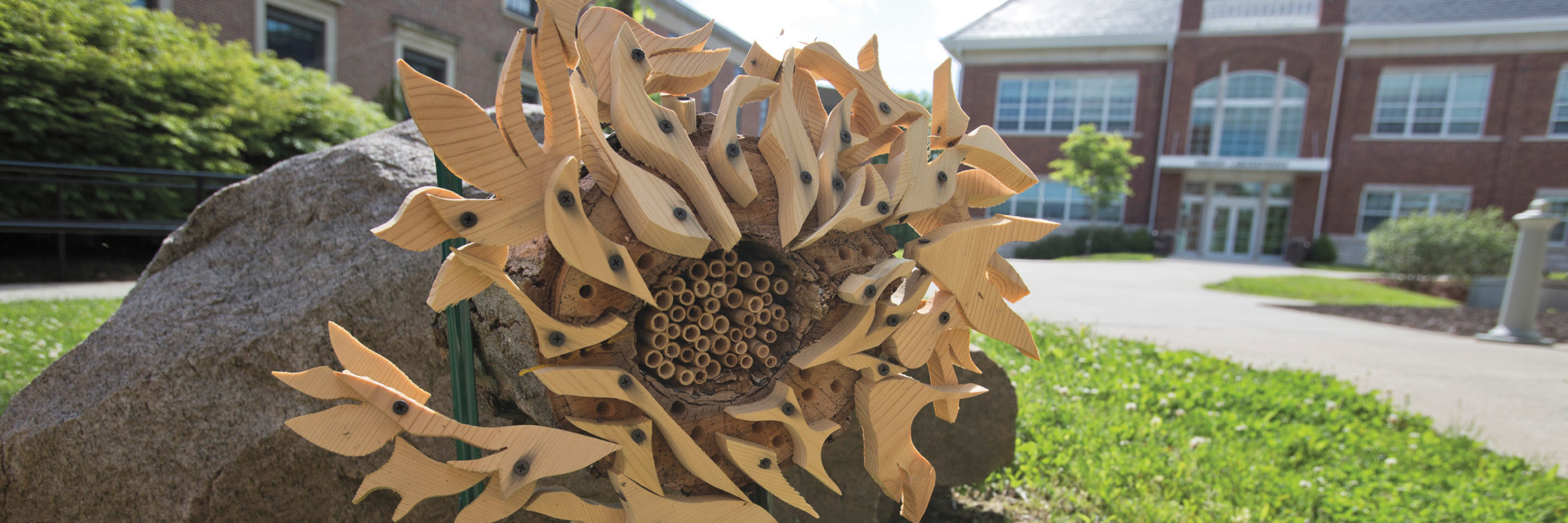 The “bee hotels,” a collaboration between a mixed media sculpture course and a biology course, decorate campus.