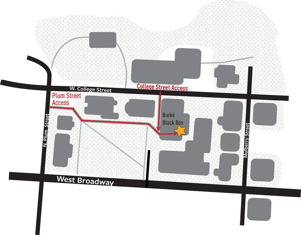 Map of Denison South Quad showing access to The black box theatre from West College Street and North Plum Street.