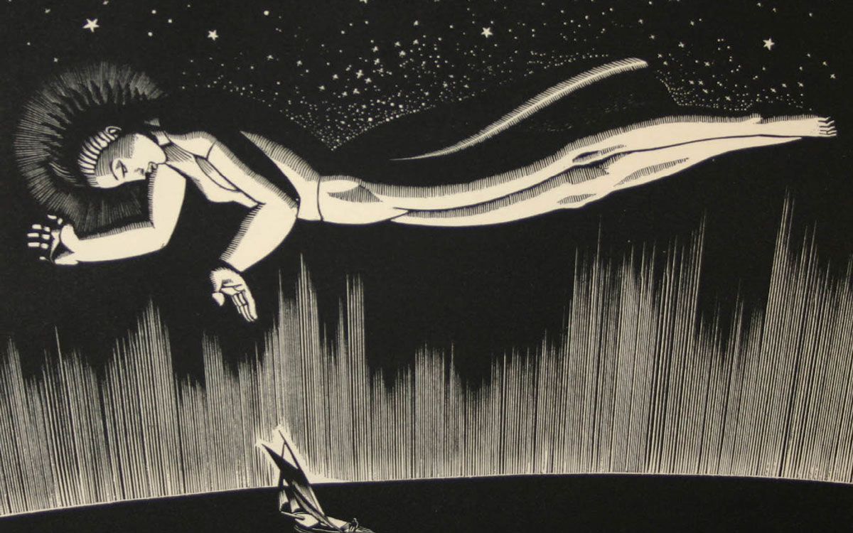Rockwell Kent Postcard of figure floating in night sky