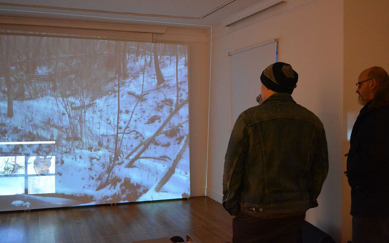 Two people looking at projection of winter scene