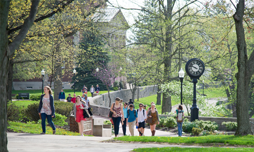 a picture of students on Chapel Walk in spring