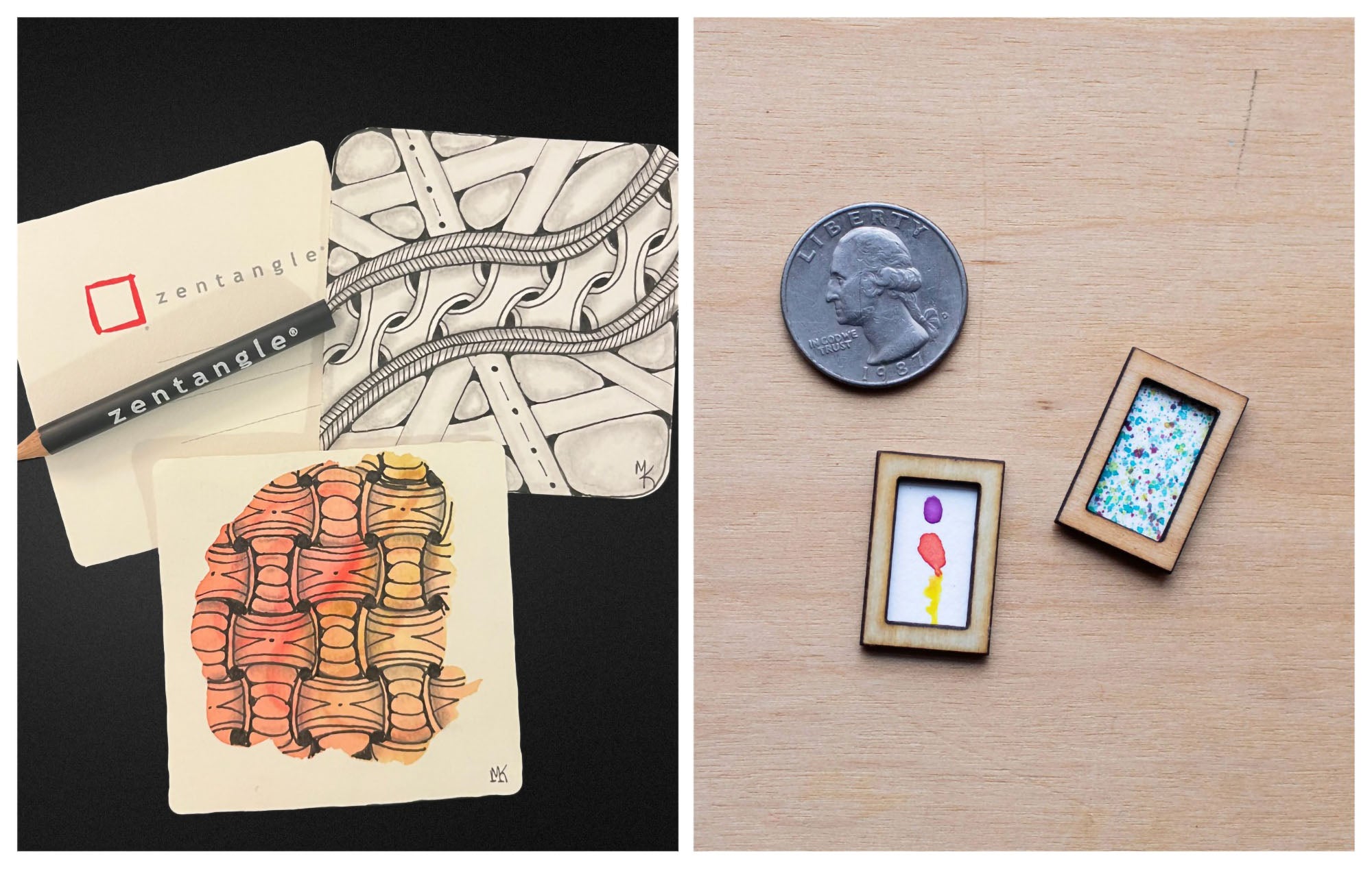 A split image: left shows two Zentangle art tiles with abstract patterns, right shows a quarter and two miniature framed artworks on a wooden surface.