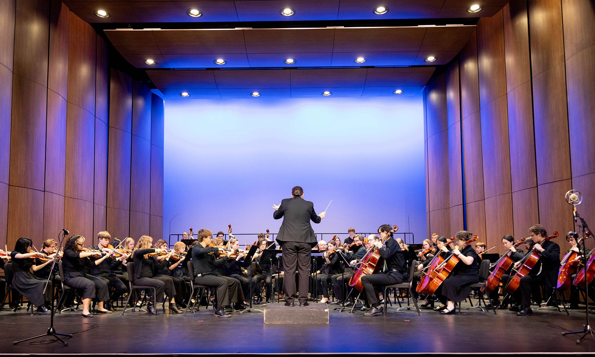 Orchestra and Choir playing instruments