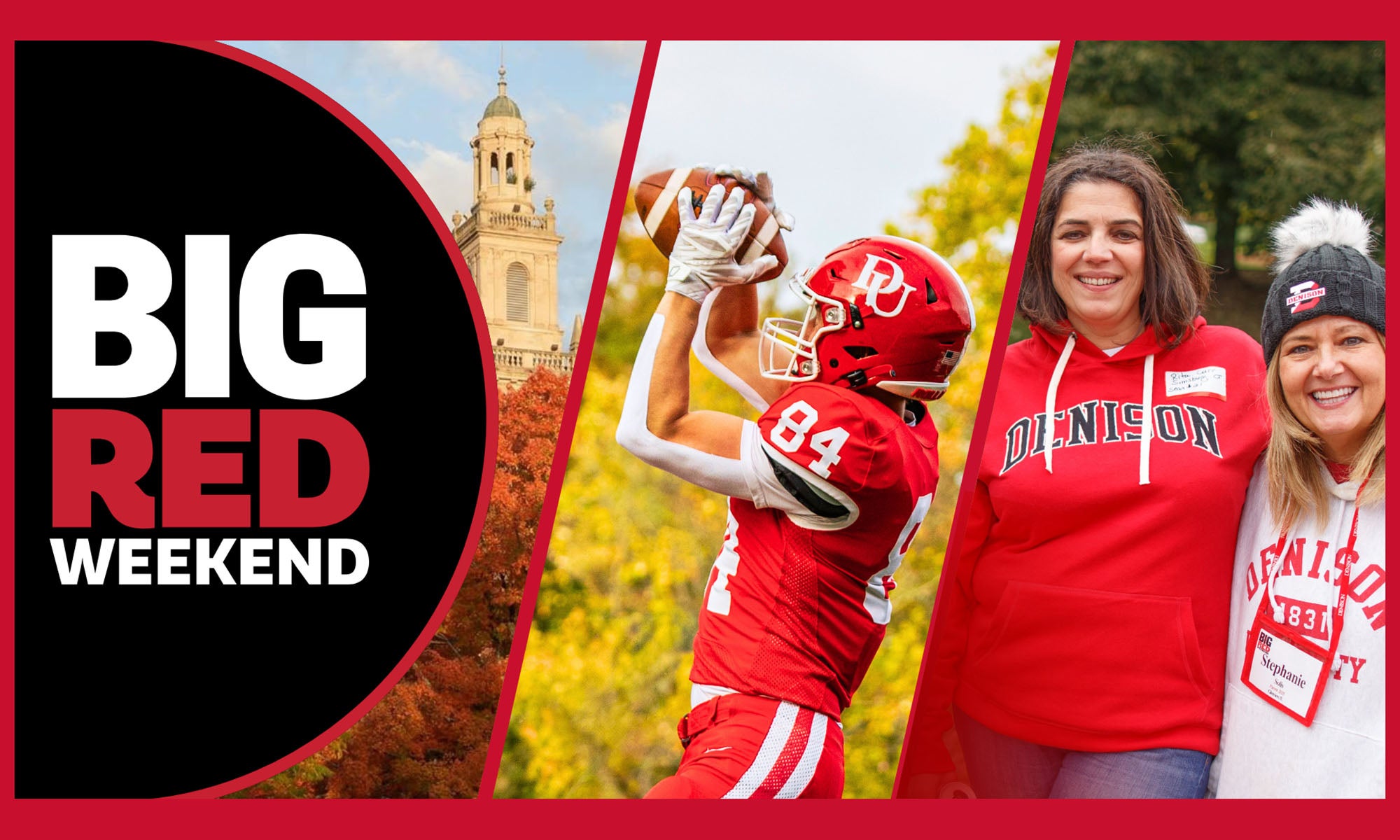 A Big Red Weekend banner with a campus building, a football player catching a ball, and two women in Denison University apparel smiling.