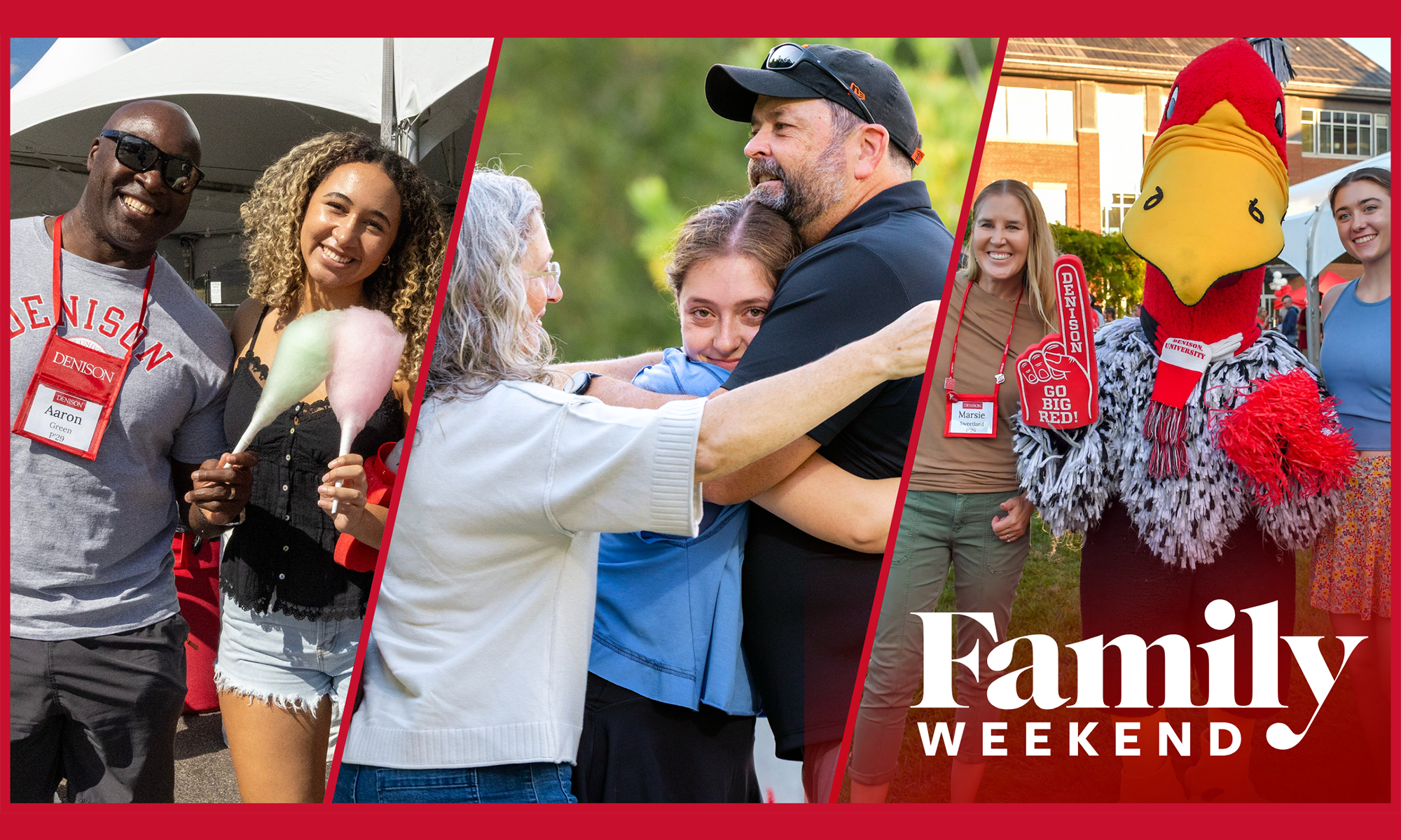 Three photos show families and students smiling, hugging, and posing with a mascot at a college Family Weekend event. The words Family Weekend appear in the lower right corner.