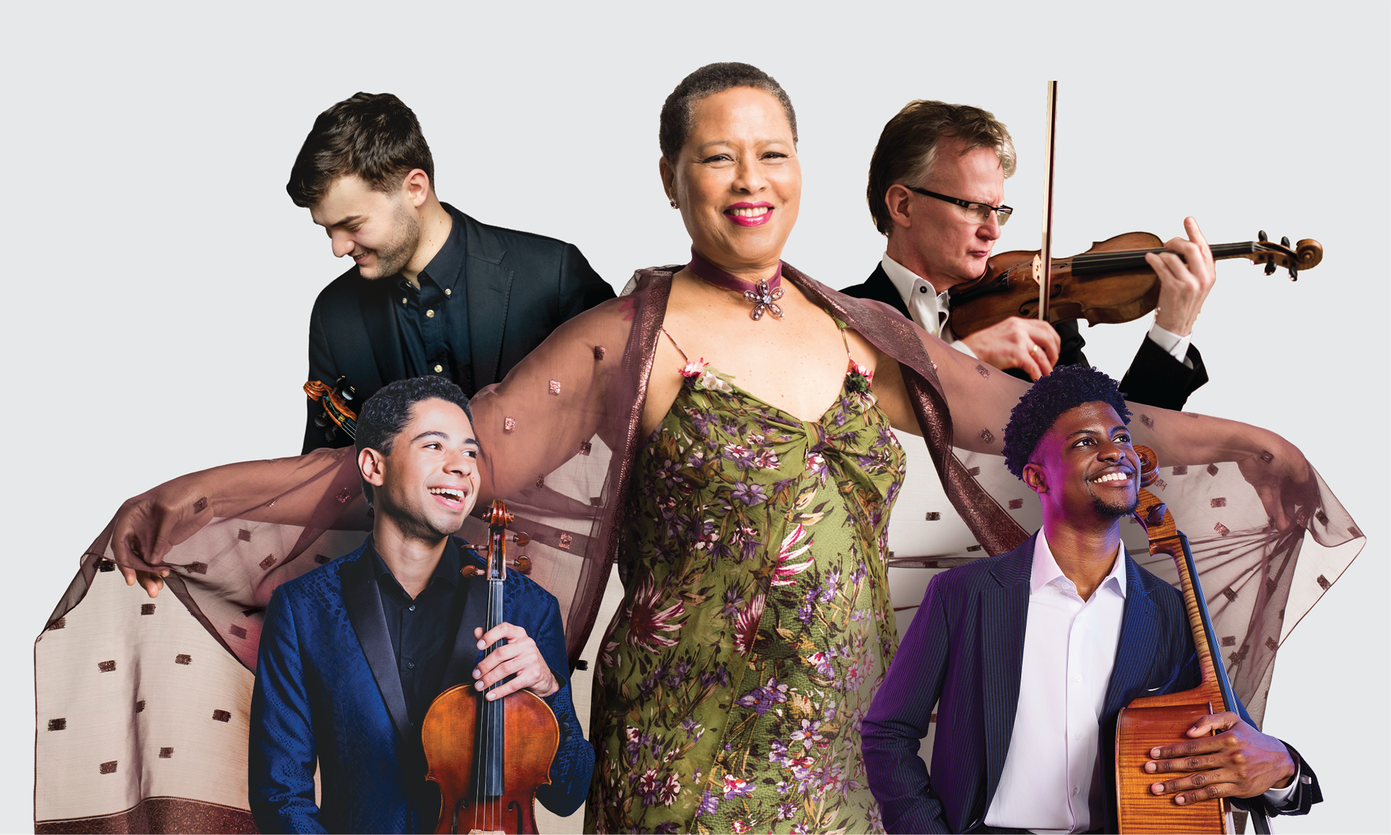 Five musicians pose together; one person stands in the center with a shawl spread out, while the others hold violin, viola, and accordion against a plain background.