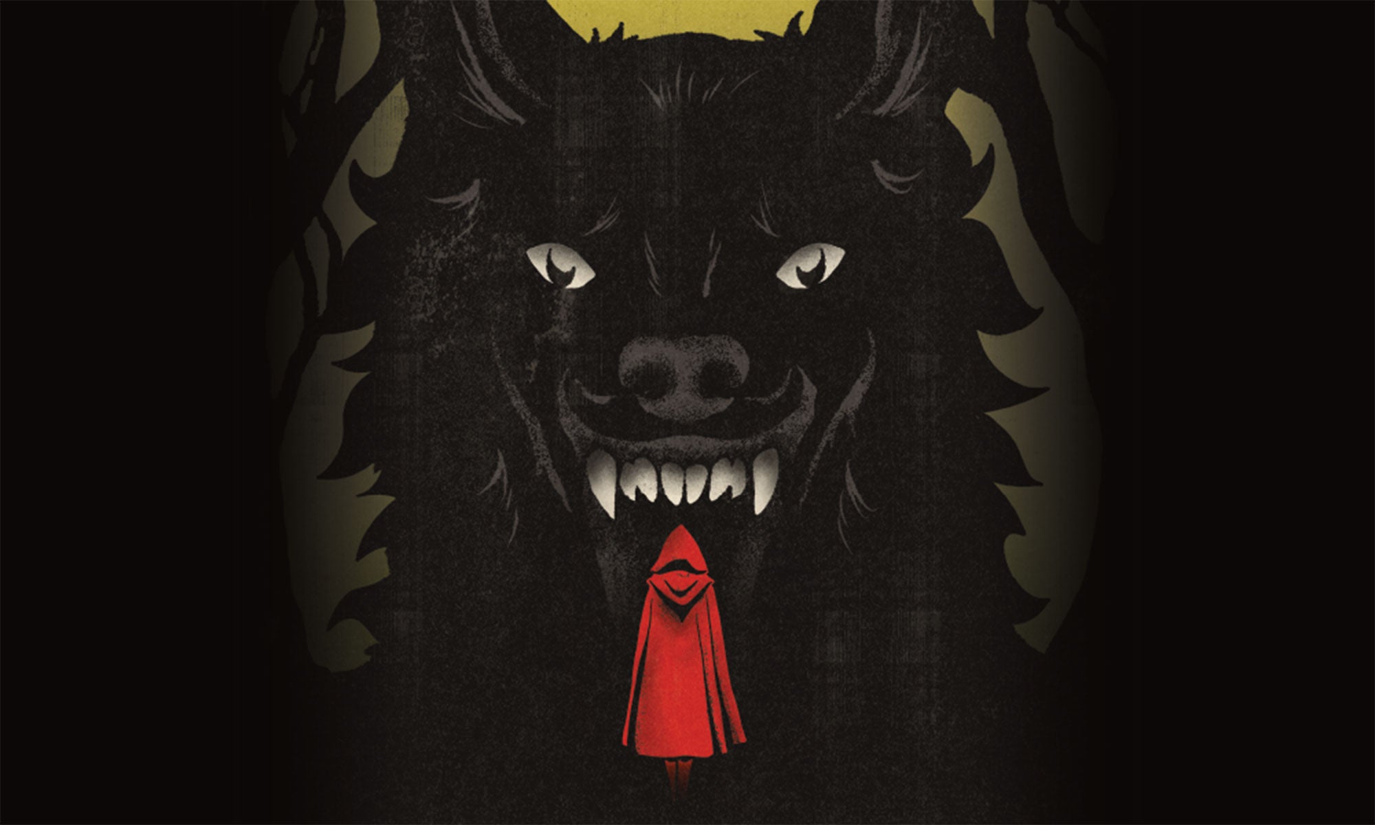 A large wolf showing teeth at a girl in a hood