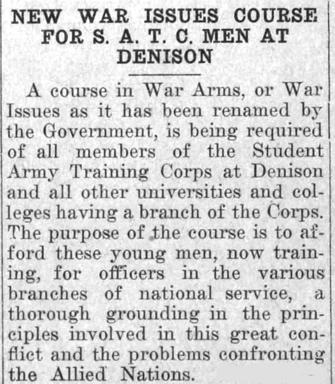 Newspaper clipping - New War Issues Course for S.A.T.C Men at Denison