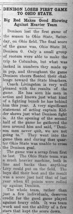 Newspaper clipping - Denison Loses First Game to Ohio State