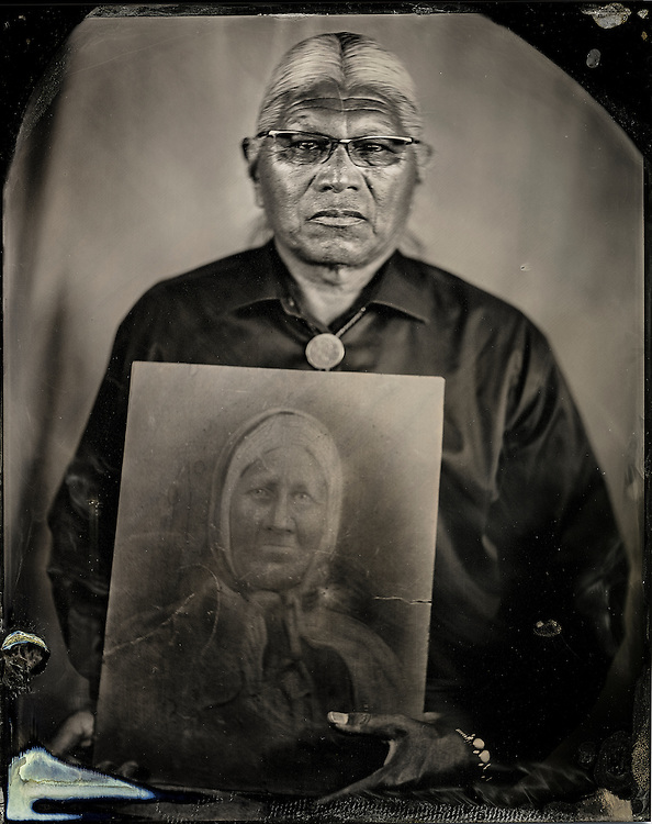 Will Wilson, John Gritts, Citizen of the Cherokee Nation, U.S. Dept. of Education, Indian Education Expert, with an Image of his Great-great grandmother, Dockie Livers, Survivor of the Trail of Tears, 2013, printed 2018, Archival pigment print from wet plate collodion scan, 22 x 17 in. Art Bridges.