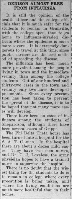 Newspaper clipping: "Denison Almost Free From Influenza"