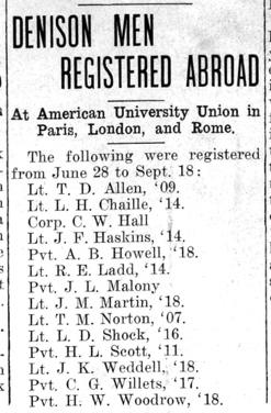 Newspaper clipping: "Denison Men Registered Abroad"