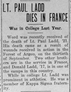 Newspaper clipping: "Lt. Paul Ladd Dies in France"