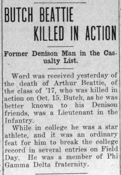 Newspaper clipping: "Butch Beattie Killed in Action"