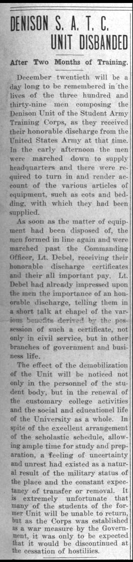 Newspaper clipping: "Denison S.A.T.C. Unit Disbanded"