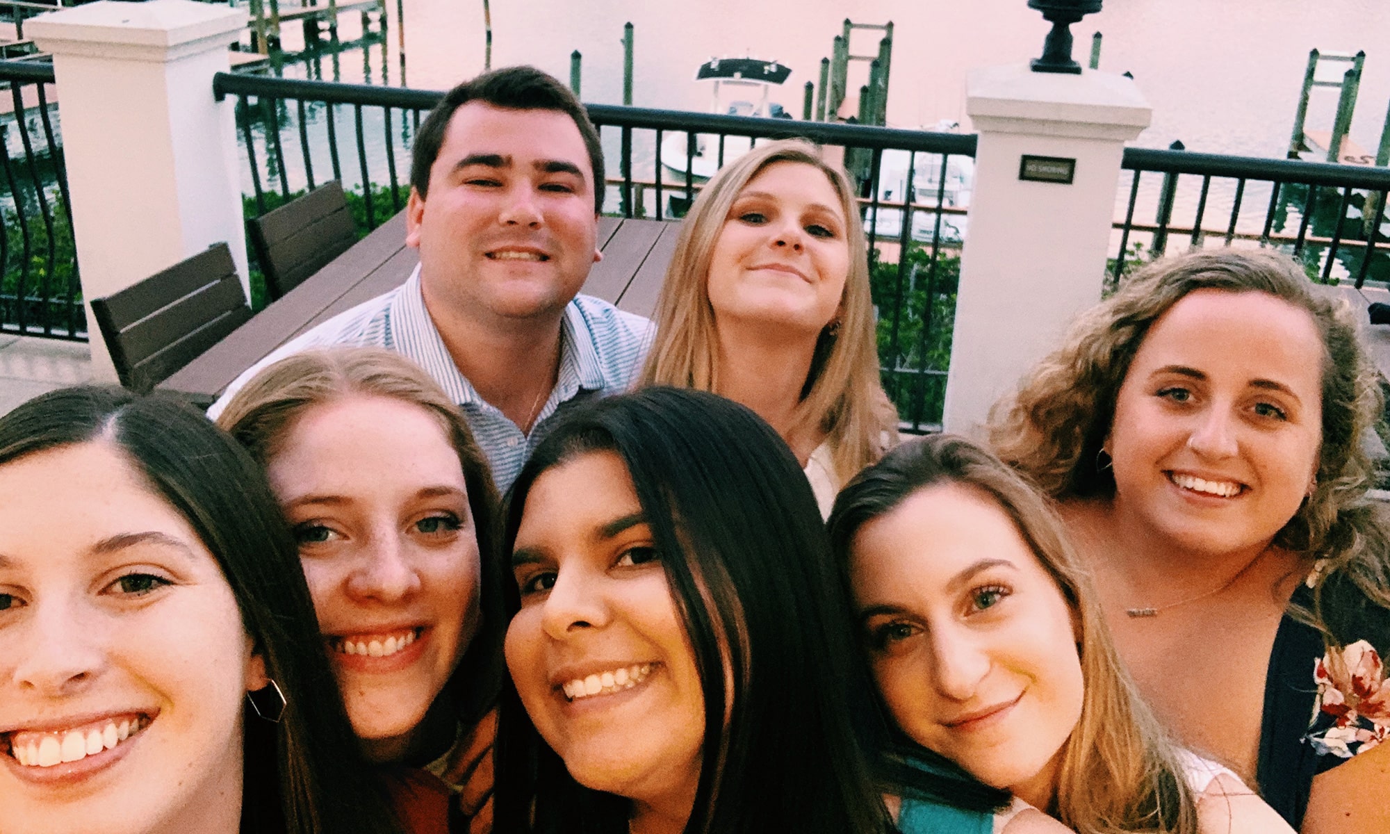 A group selfie on spring break. Front row, from the left: Katie Aucamp, Katherine Kunze, Katie Belfance, Caroline Lewis. Back row: Jordan Beck, Brooke Shuler, Grace Horn.
