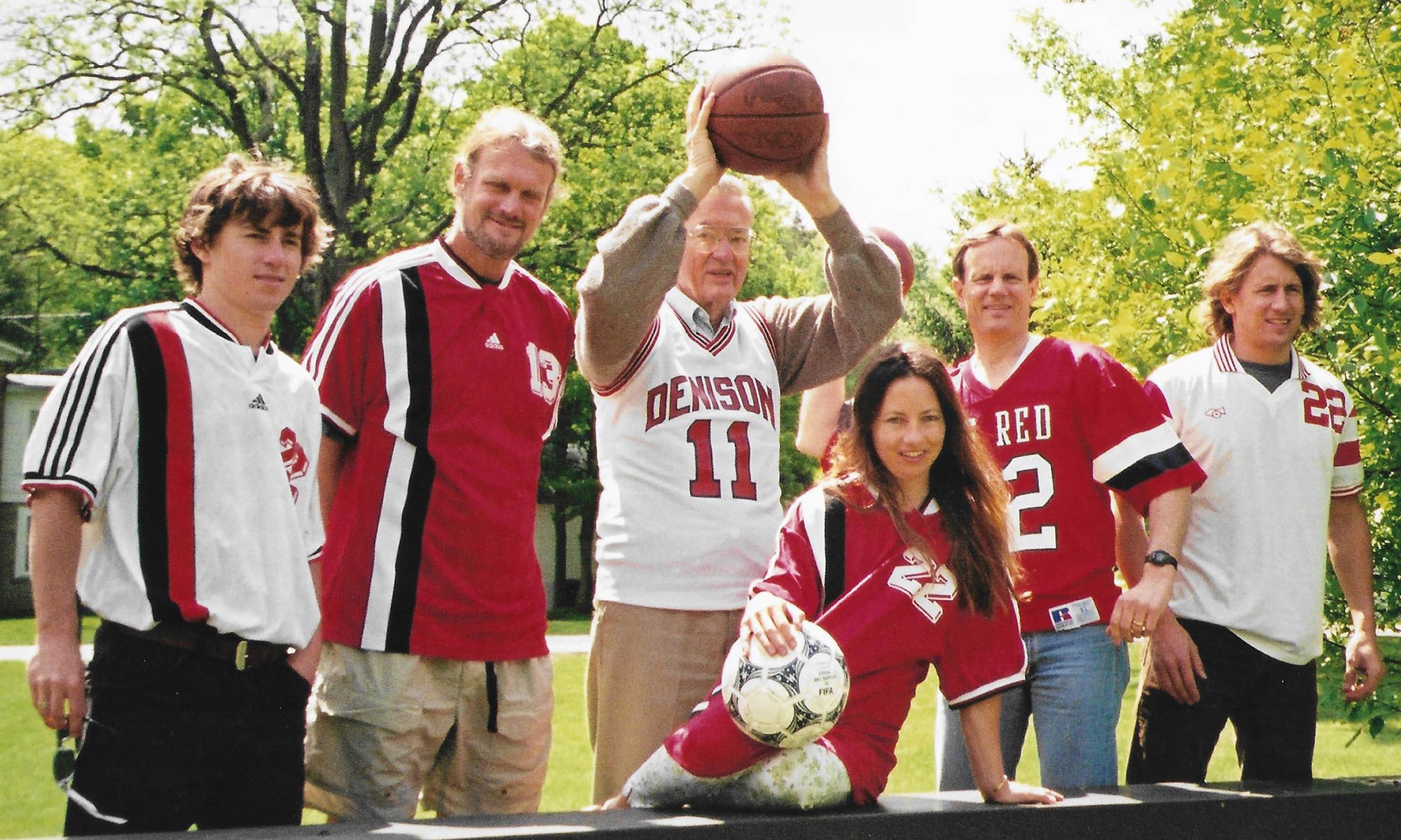 Hylbert family members pictured on the Denison campus in 2001, from left: Brian ’01, Tony ’72, Paul Sr. ’43, Jennifer ’88, Paul Jr. ’66, and Scott ’91.