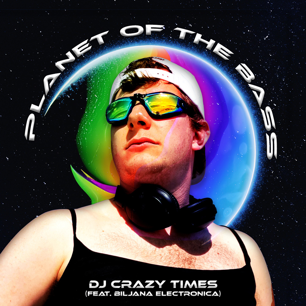 Planet of the bass album cover featuring Kyle Gordon in front of a colorful planet