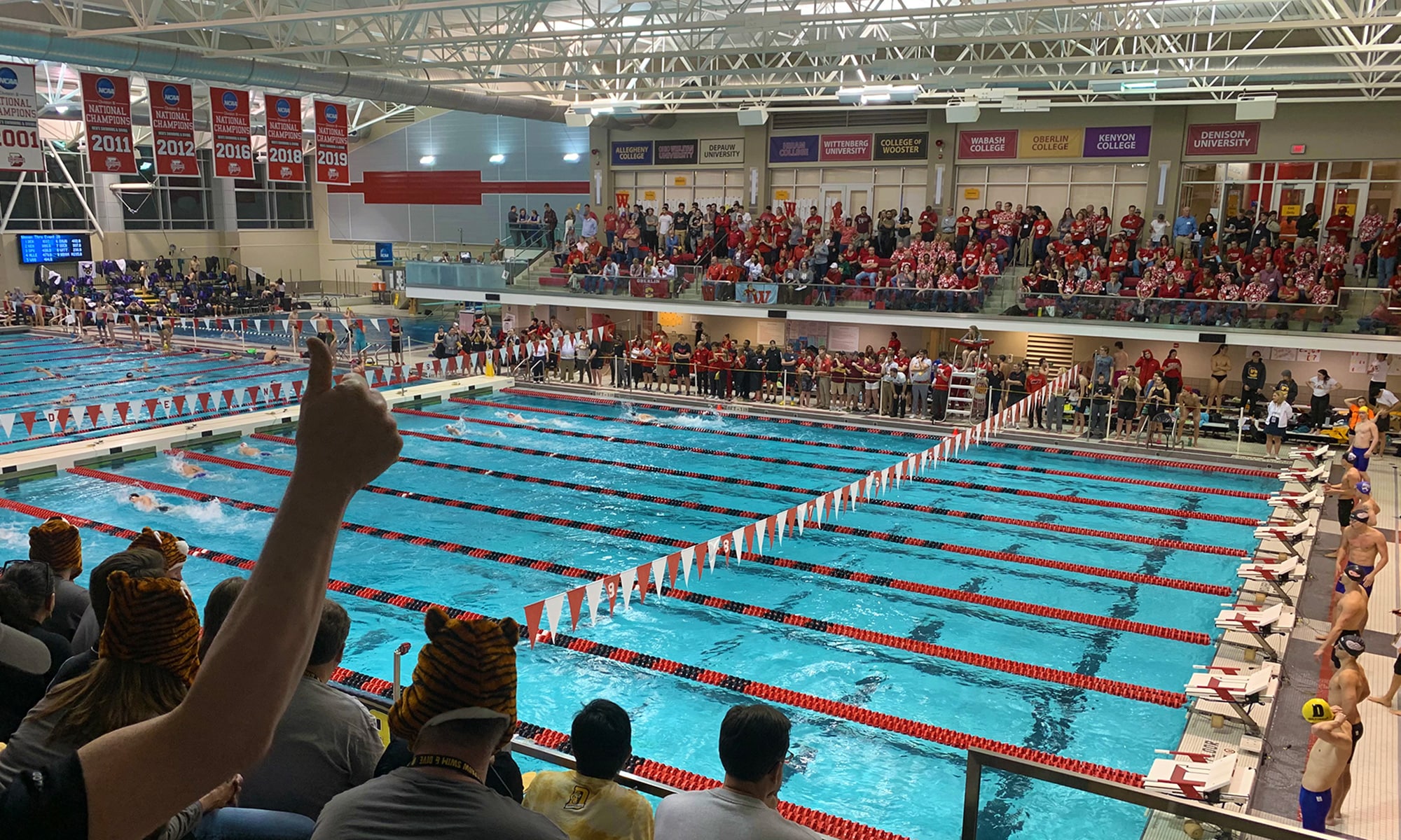 Once a program that contended for national titles, but fell agonizingly short, Denison has hung six NCAA championship banners, five for the men, one for the women, in the rafters of the Trumbull Aquatic Center. Photo Credit: Craig Hicks/Denison University