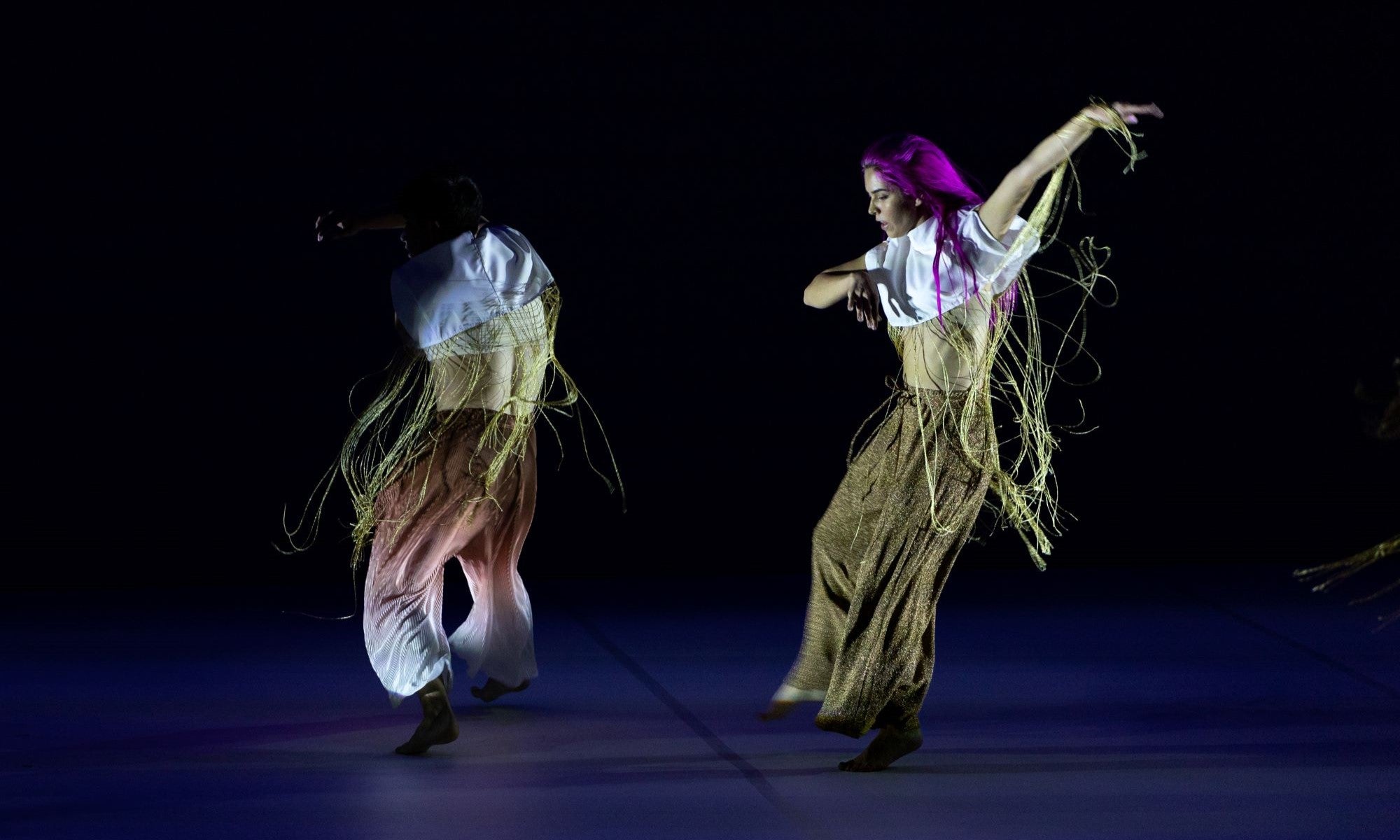 Two dancers, illuminated in a soft spotlight, perform on a dark blue stage with darkness behind them.