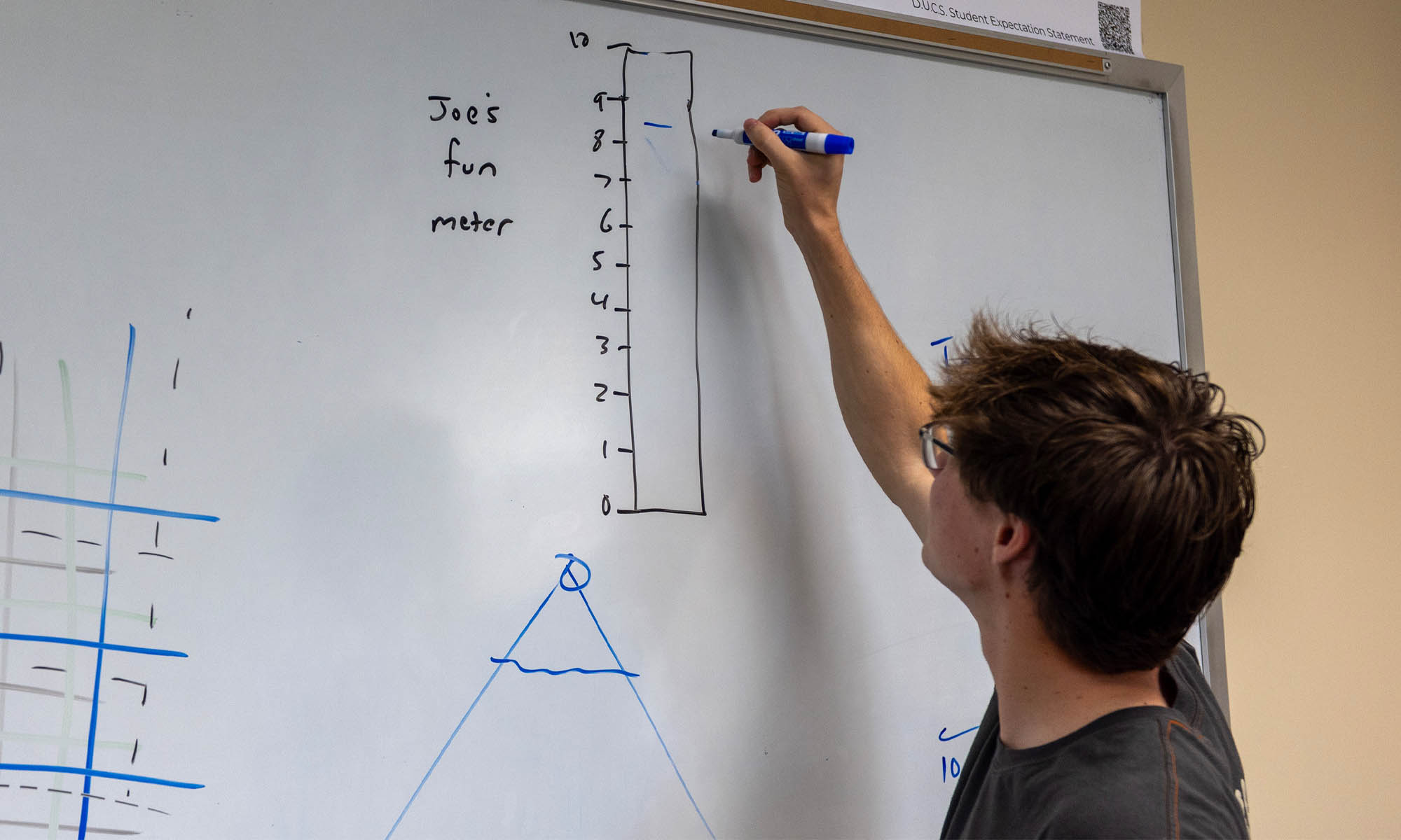 A student writing on a white dry-erase board.