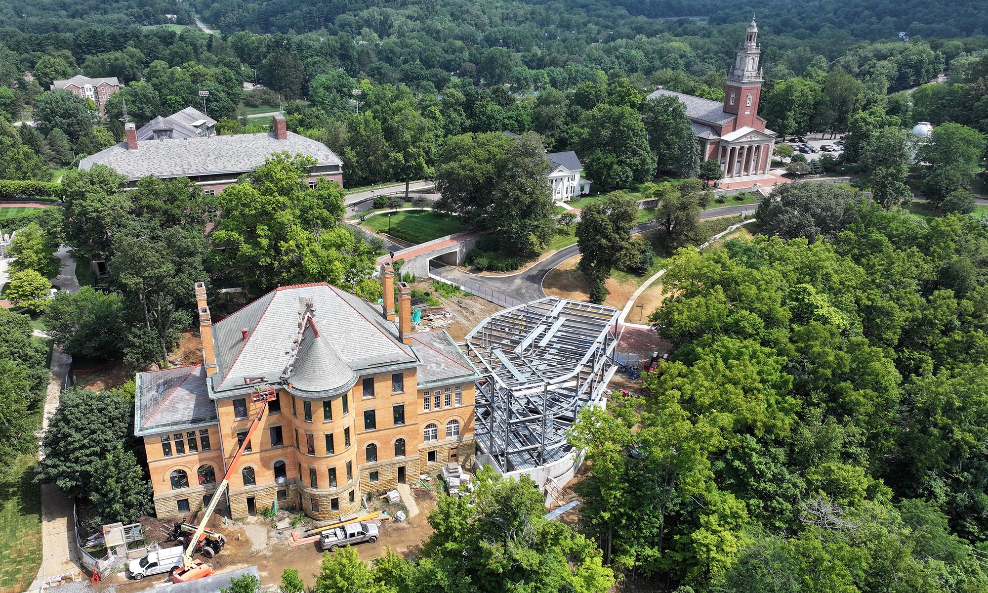 Aerial view of Doane and data center construction site looking north with Swasey Chapel in the background.