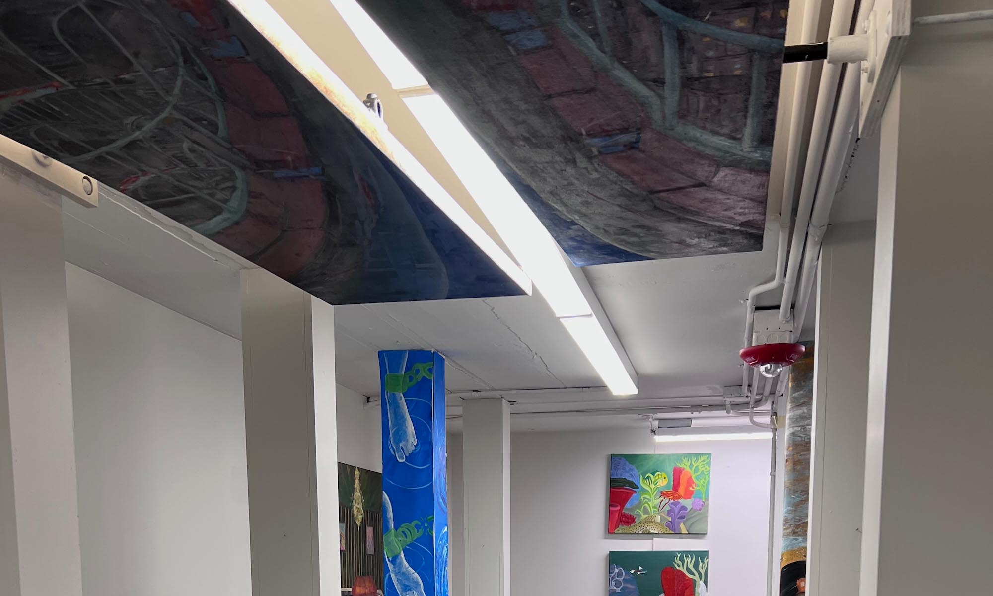 Art displayed on a wall, on pillars, and on the ceiling of a throughway in the Denison Libraries.