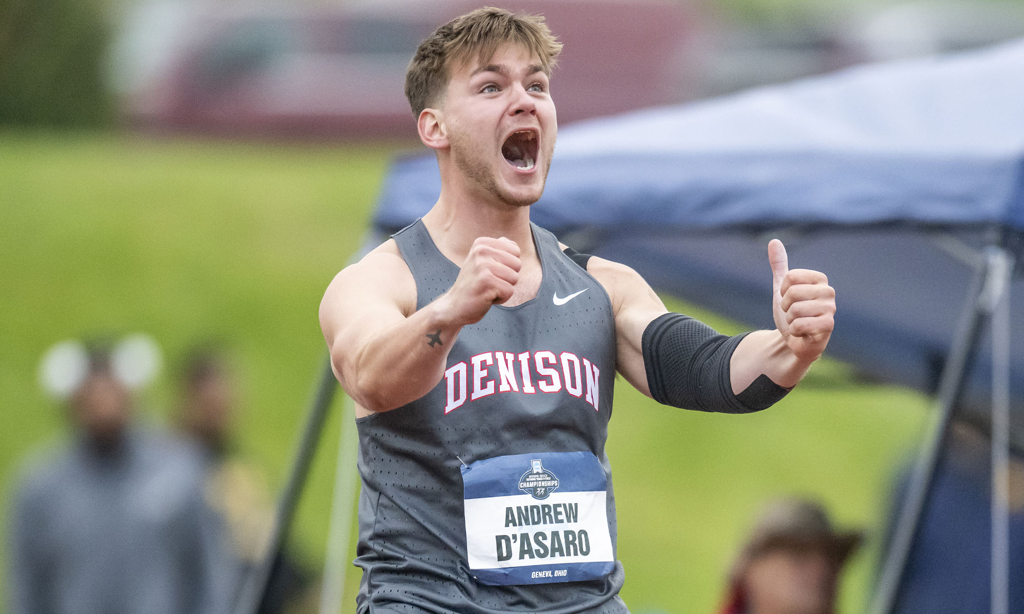 Andrew D’Asaro celebrates after a javelin throw.