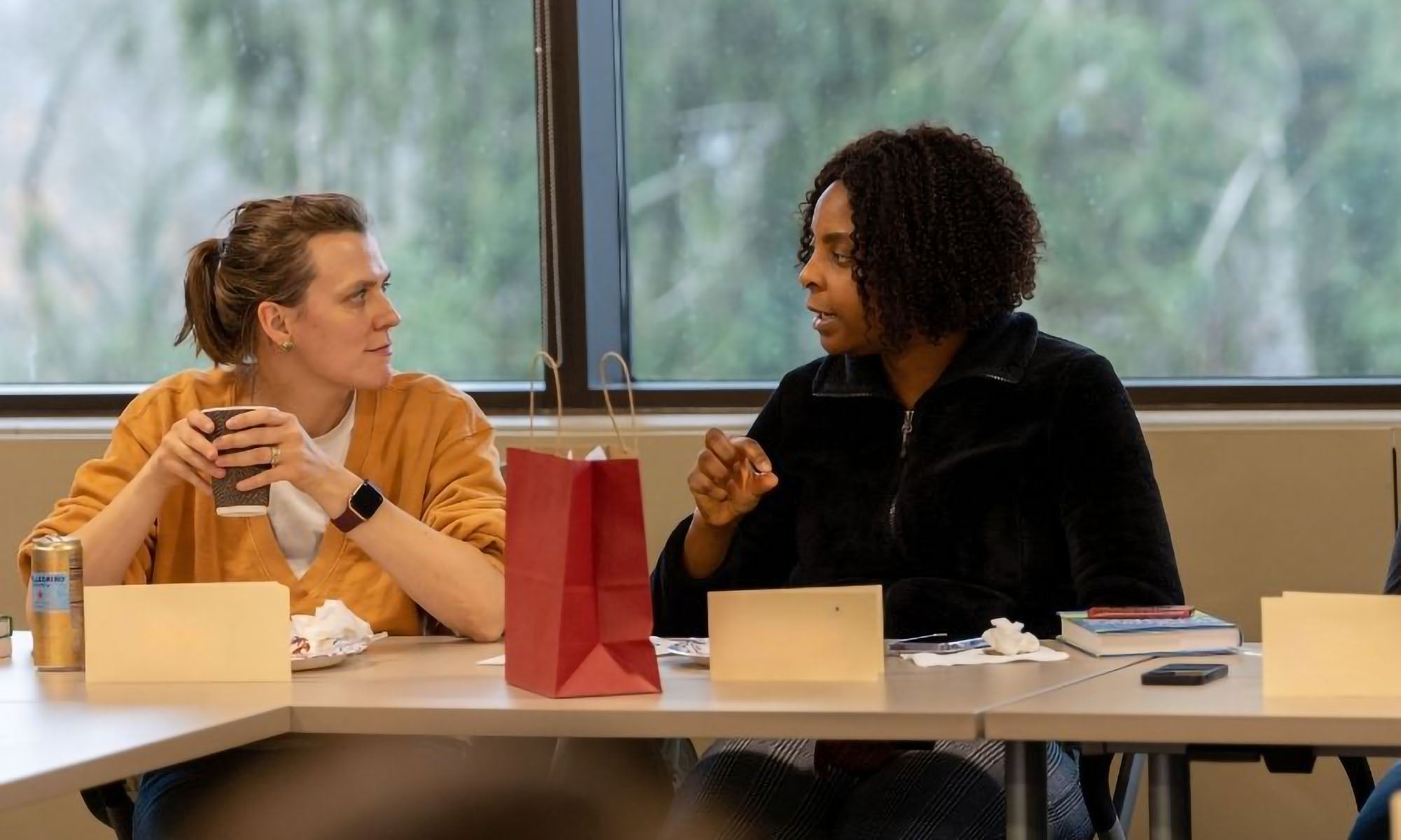 Two women sit at a conference table in front of a large window engaged in conversation. 