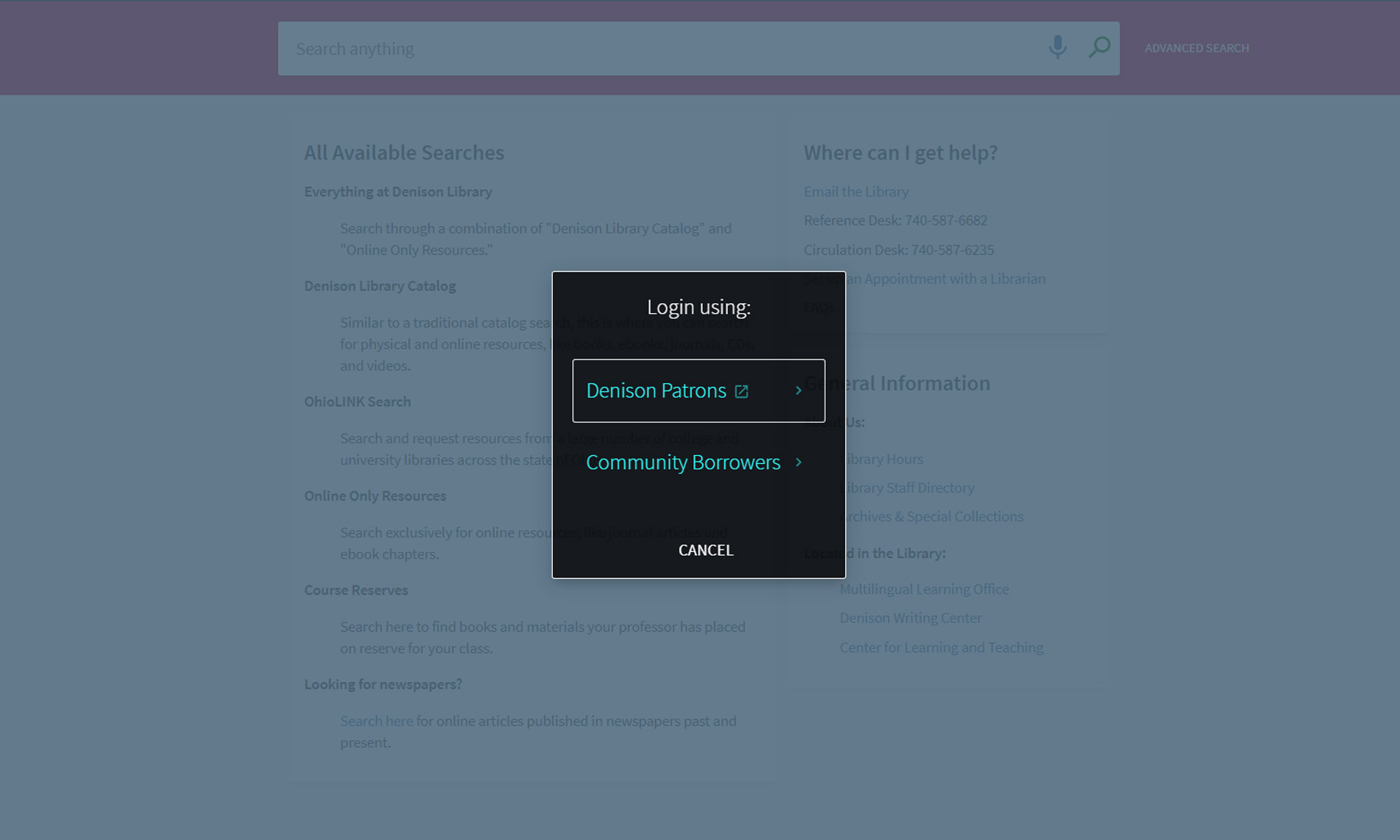 Primo login options. Image of a login screen; a black box on a blue background. Within the login box, there's a header that says "Login using" and two options: Denison Patrons, and Community Borrowers. Both are links. There is a cancel button as well.