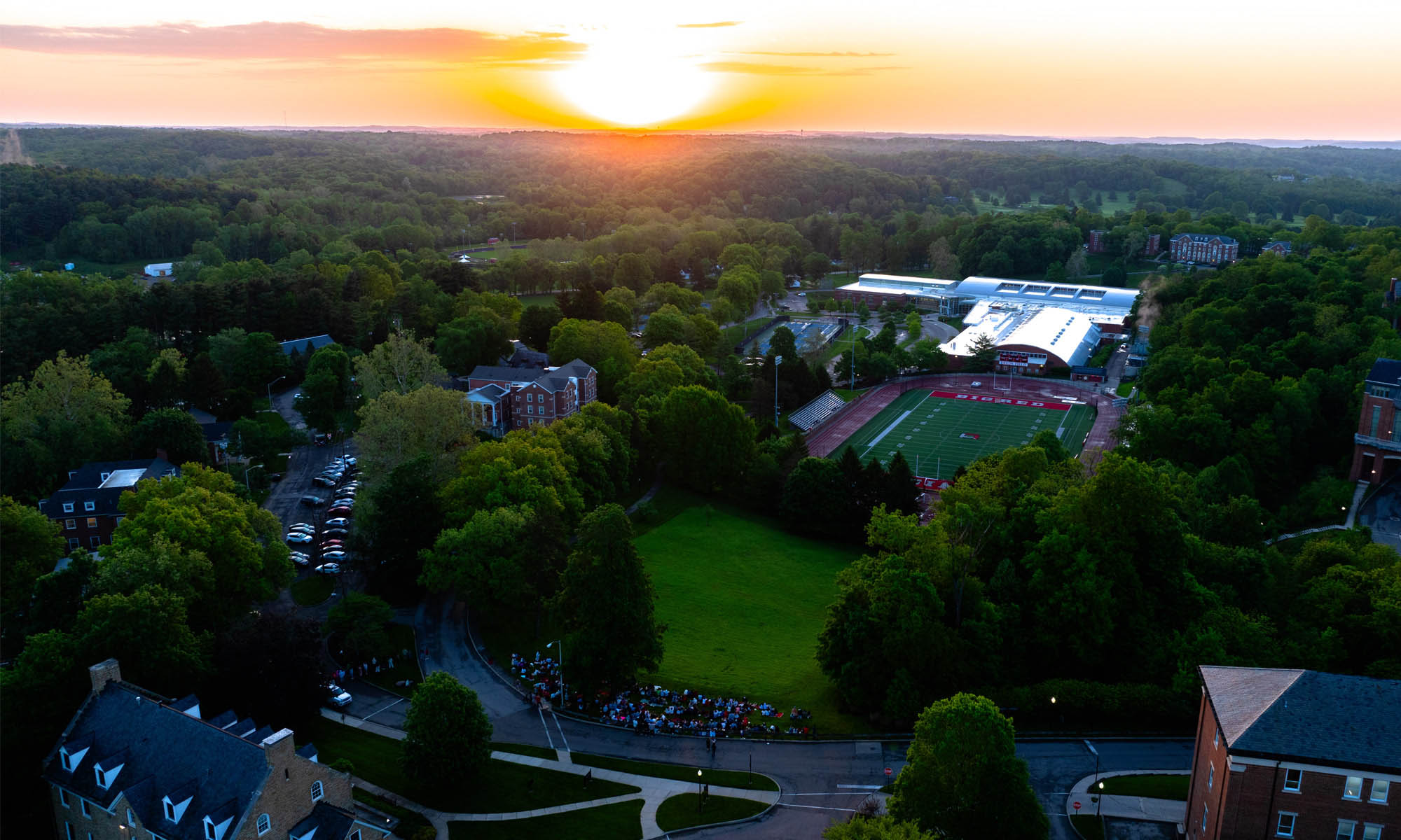 Aerial photo of sunrise over Denison