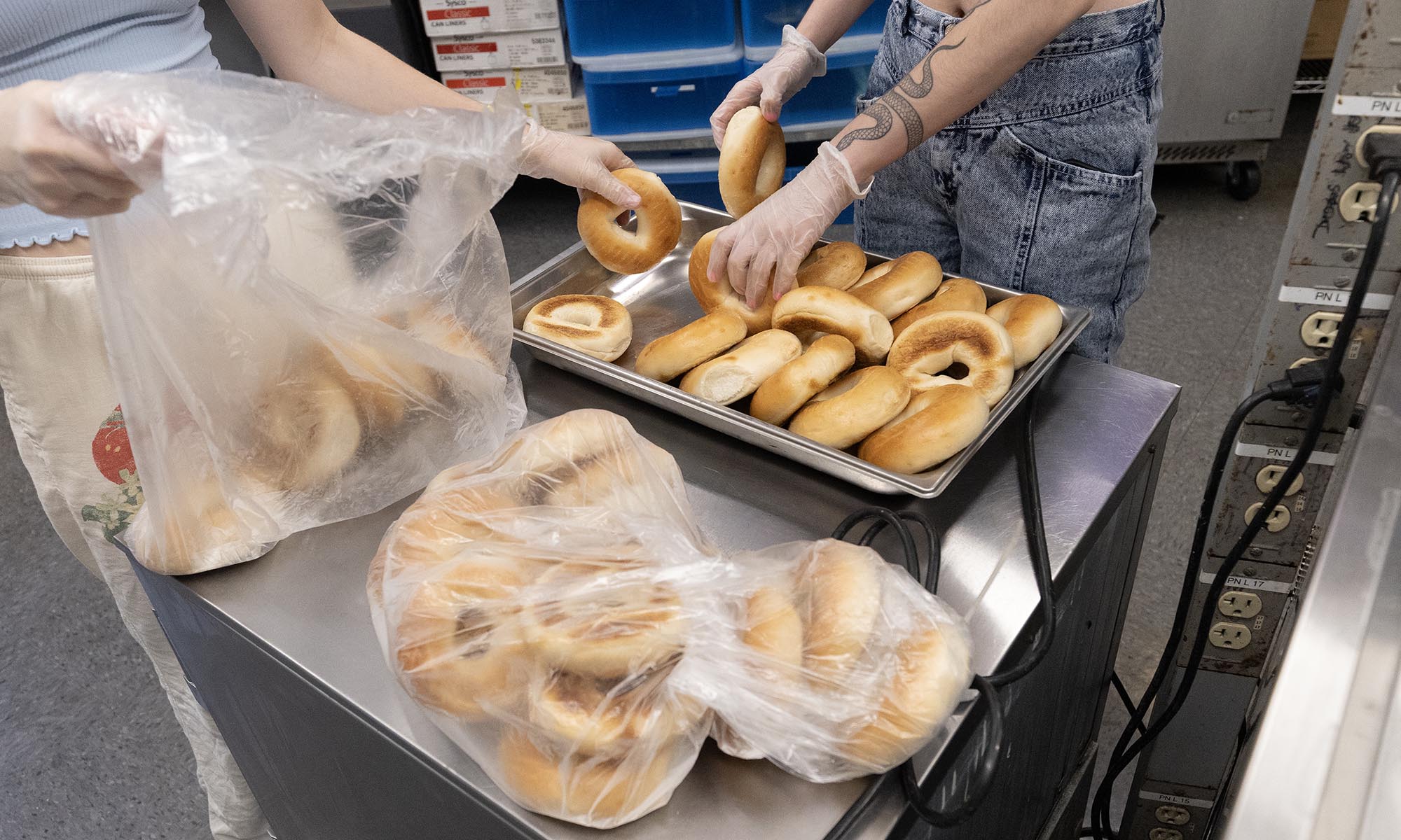 Bagels are prepared.
