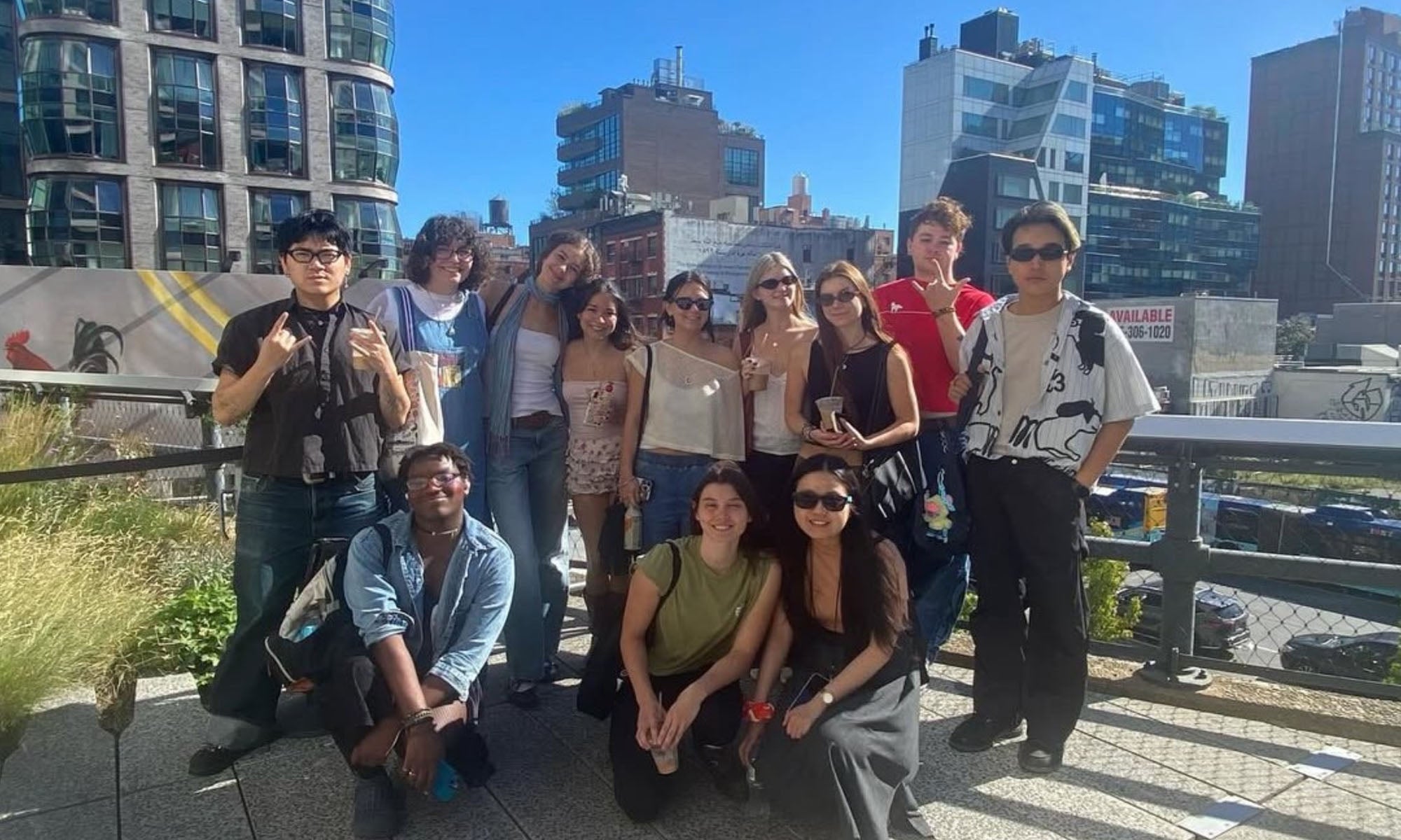 A group of Denison students pose on a rooftop in New York City.