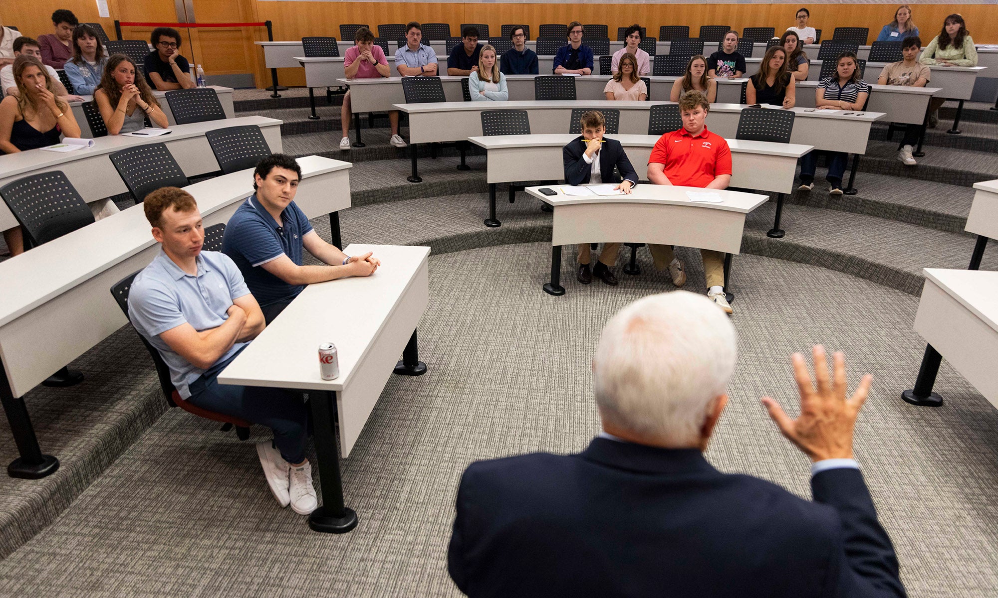 Vice President Mike Pence speaks to a classroom filled with college students.