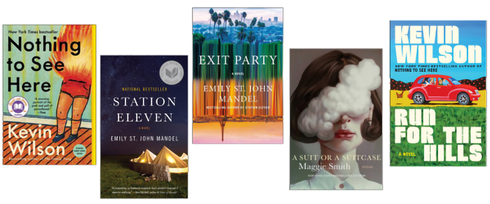 Five book covers: Nothing to See Here, Station Eleven, Exit Party, a book with a face obscured by clouds, and Run for the Hills.