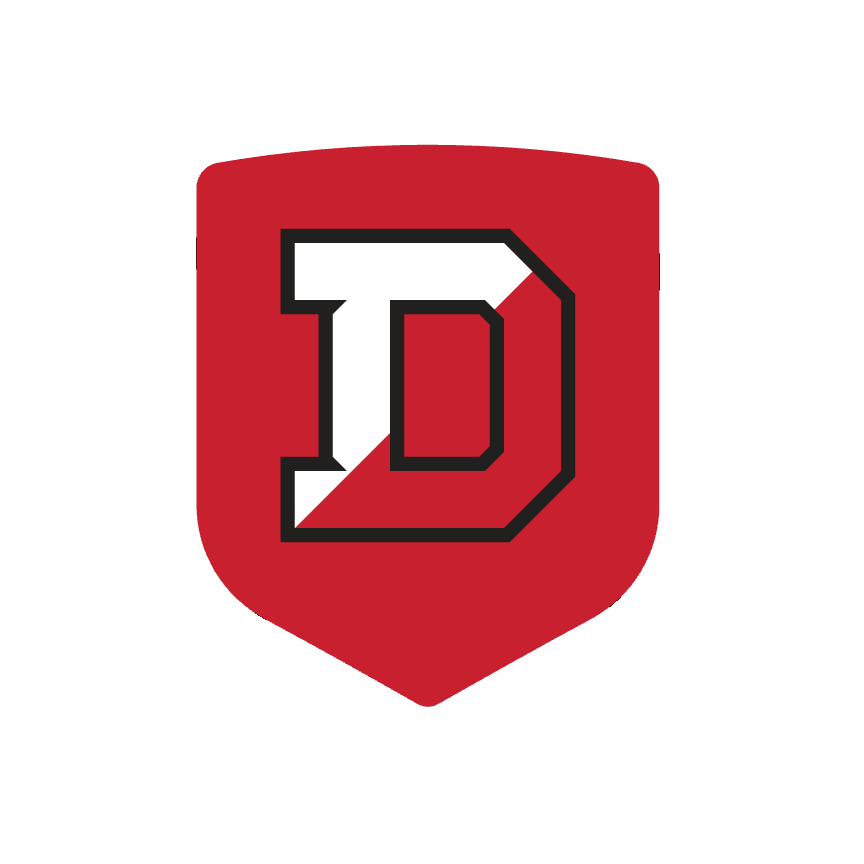 A red shield with a white and black outlined letter D in the center, with two white crossed golf clubs in the background.