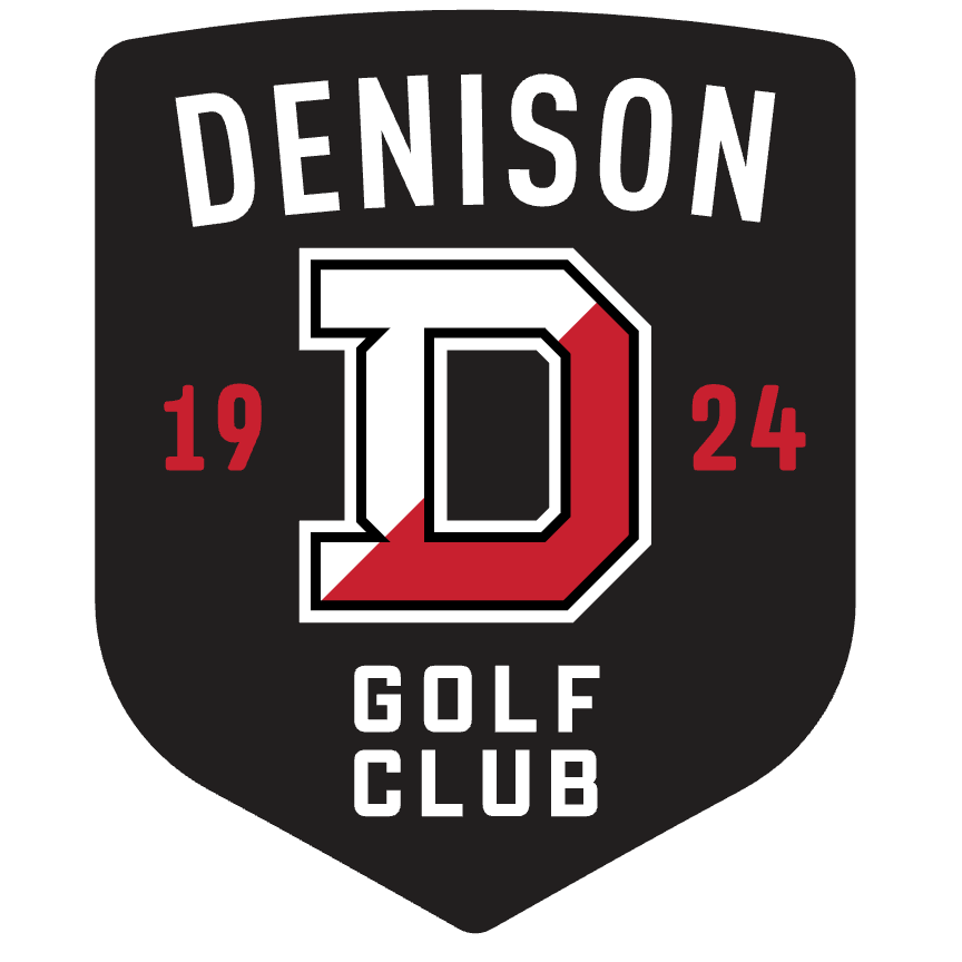 Black shield logo with DENISON at the top, a large red and white D in the center, 1924 on the sides, and GOLF CLUB at the bottom.