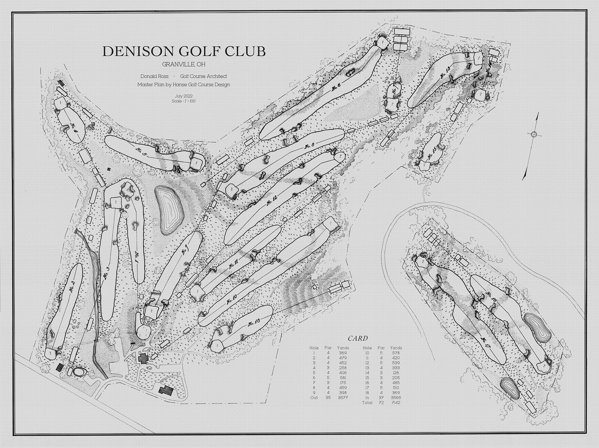 Black and white map showing the layout and numbered holes of Denison Golf Club, including fairways, greens, and other course features.