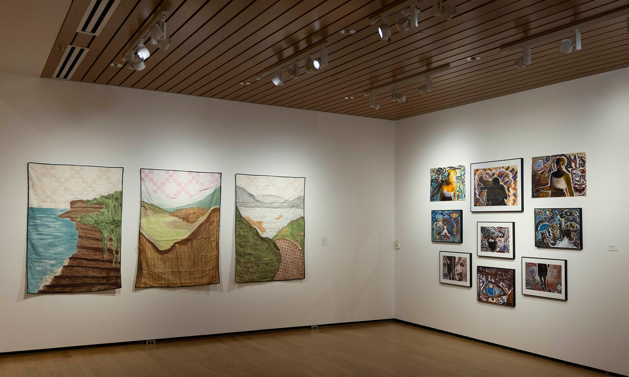 An art exhibition at Denison Museum showcases three large landscape quilts on the left wall and nine smaller, framed photographs from "It Was Never Just Then" arranged in a grid. The room features wooden floors and a slatted wooden ceiling with spotlights.