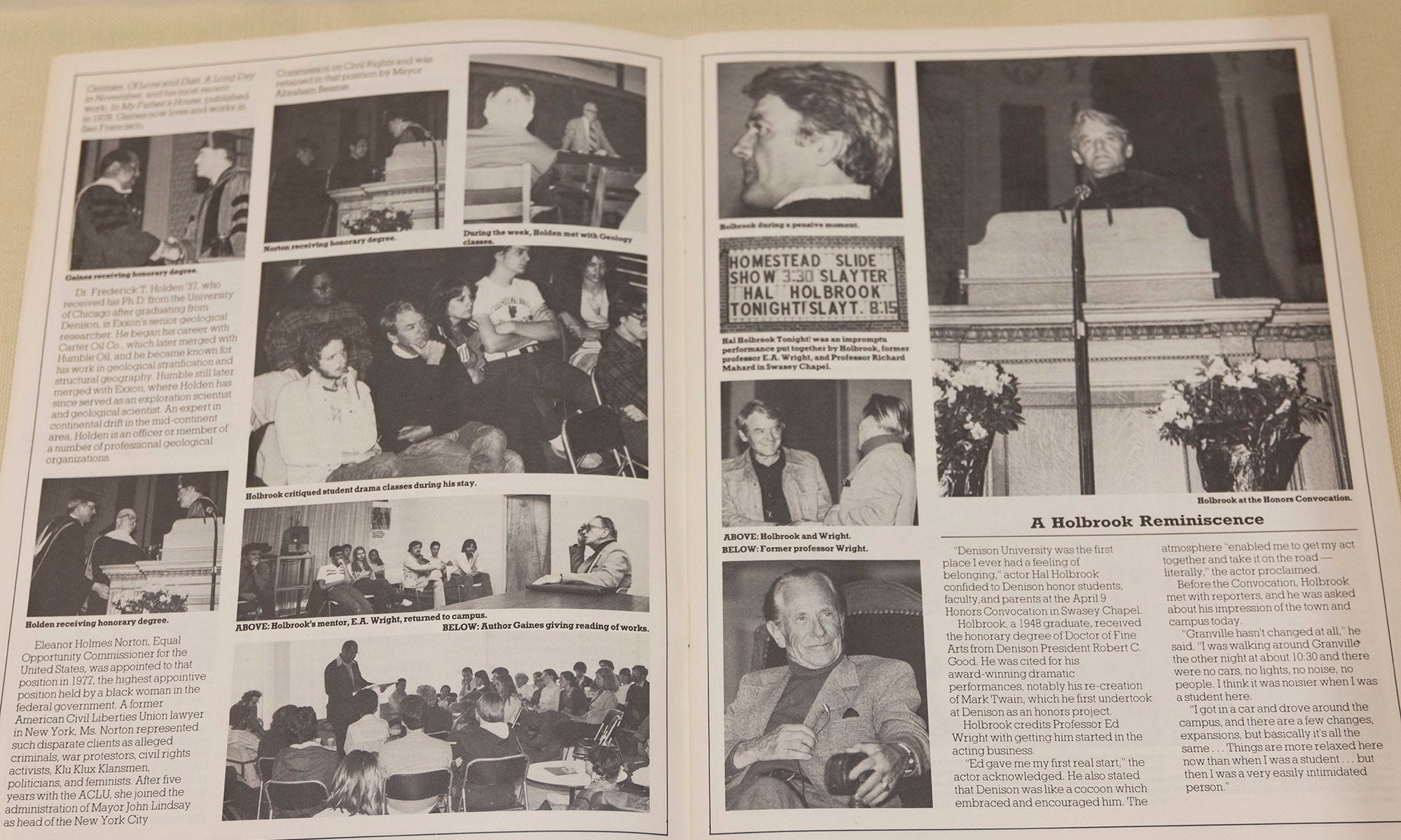 A black-and-white magazine spread shows multiple photos of people at a Denison Museum event, including group shots, a speaker at a podium, and a seated man. There are also several blocks of text across both pages.