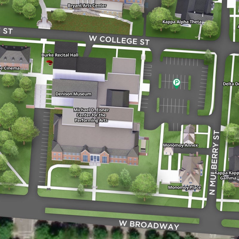 Illustrated map of Eisner Center and surrounding streets, parking lots, and campus buildings