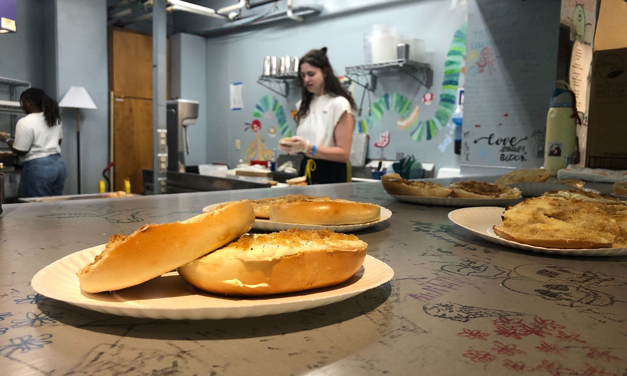 A Denison student prepares snagels at Bandersnatch, a student coffee house.