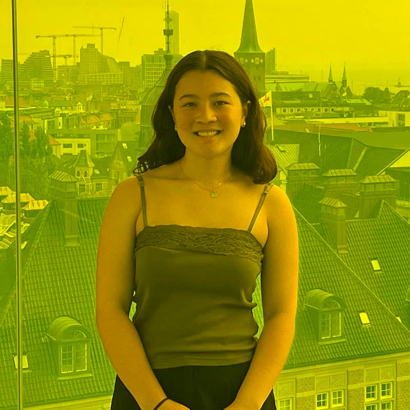 A study abroad student in a green top stands in front of a city skyline.