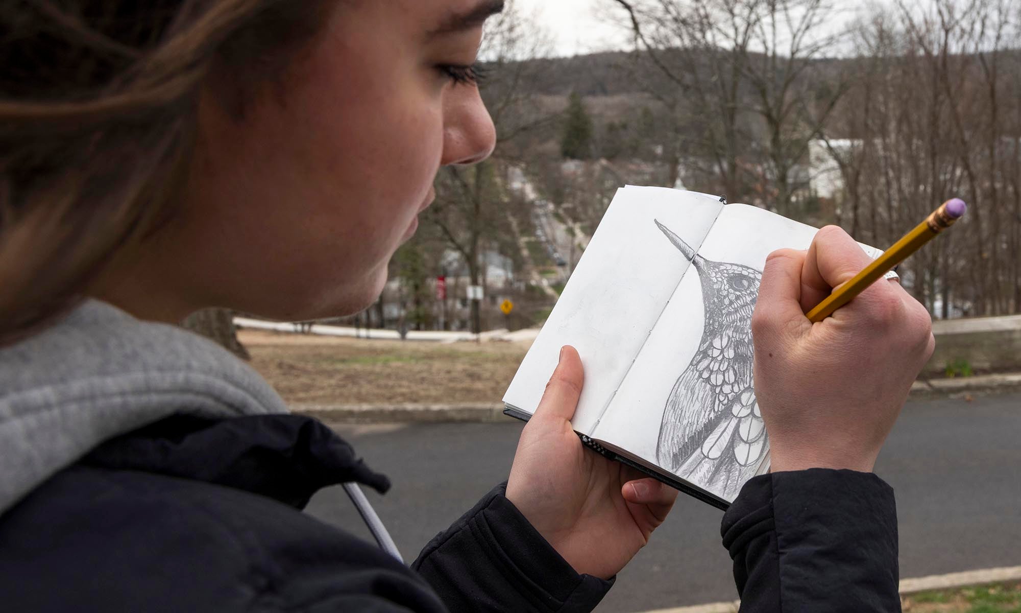 A young woman sketches a pencil drawing of a bird.